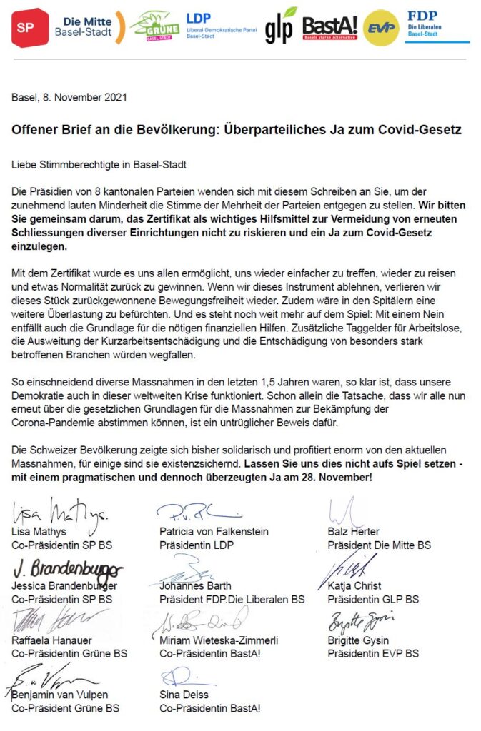 Offener Brief der Präsiden von acht kantonalen Parteien: Stimmen Sie am 28. November pragmatisch und dennoch überzeugt Ja zum Covid-Gesetz!